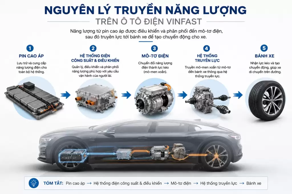 Nguyen Ly Truyen Nang Luong Tren O To Dien Vinfast - Hệ thống truyền động trên ô tô điện VinFast - VinFast Hưng Thịnh Phát Sơ đồ 5 bước nguyên lý truyền năng lượng trên ô tô điện VinFast.