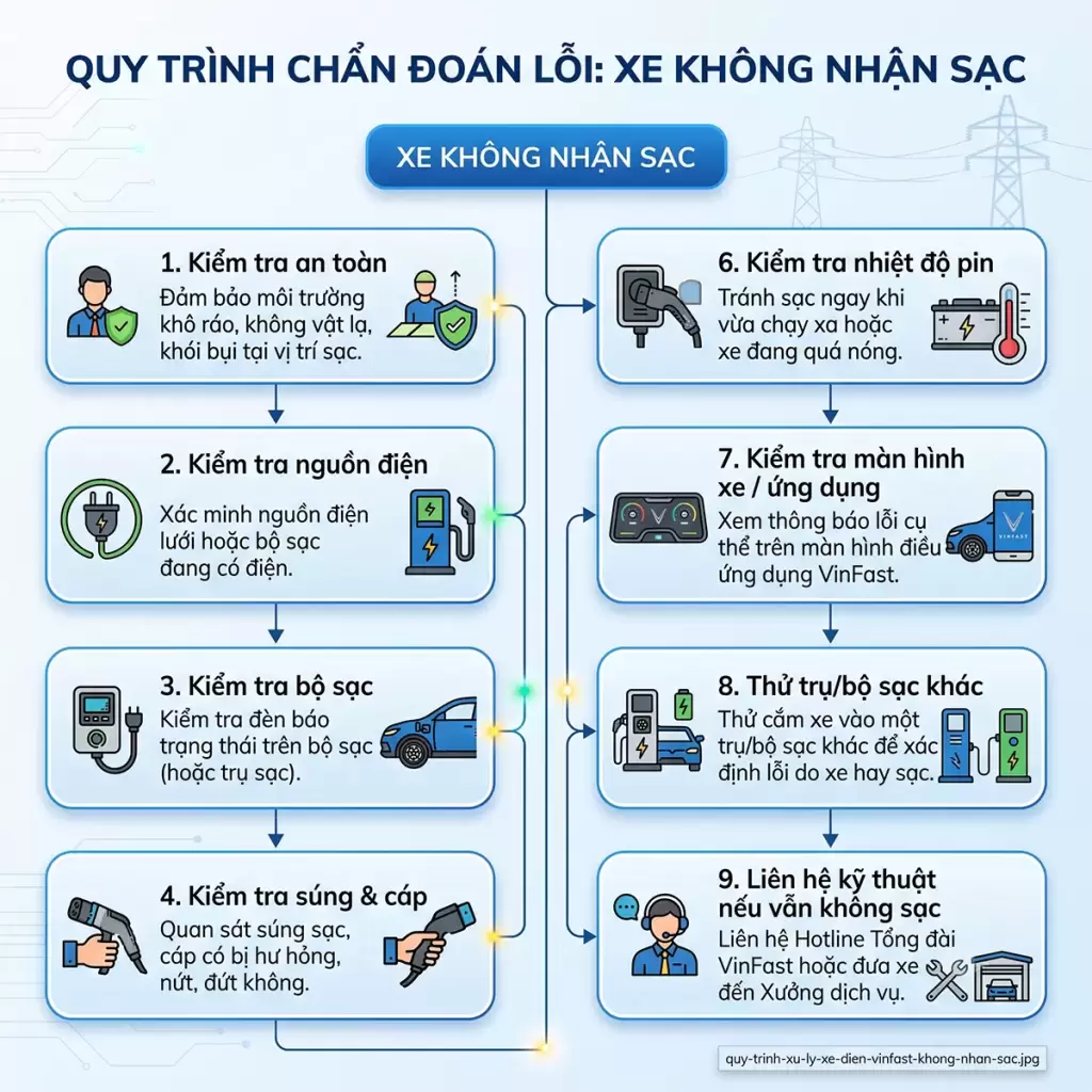 Quy Trinh Xu Ly Xe Dien Vinfast Khong Nhan Sac - Xe điện VinFast không nhận sạc: Nguyên nhân và cách xử lý - VinFast Hưng Thịnh Phát Infographic quy trình 9 bước chẩn đoán lỗi xe điện VinFast không nhận sạc