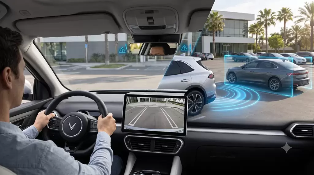 Rcta Va Camera Lui Vinfast - RCTA VinFast: Cảnh báo phương tiện cắt ngang khi lùi - VinFast Hưng Yên RCTA và camera lùi hỗ trợ quan sát phía sau xe VinFast