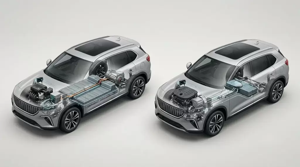 Sơ đồ cắt lớp so sánh cấu tạo động cơ và pin xe REEV và PHEV