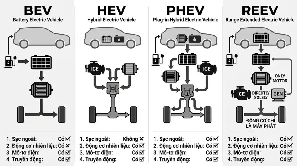 Sơ đồ so sánh cấu tạo và nguyên lý hoạt động xe BEV, HEV, PHEV và REEV