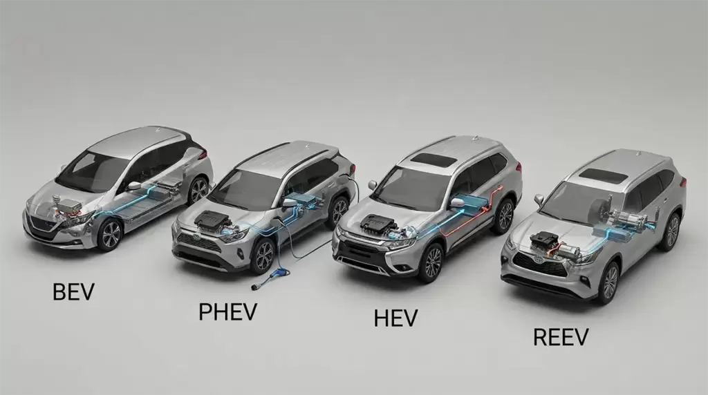 Sơ đồ mô phỏng cấu tạo hệ truyền động của xe BEV PHEV HEV REEV