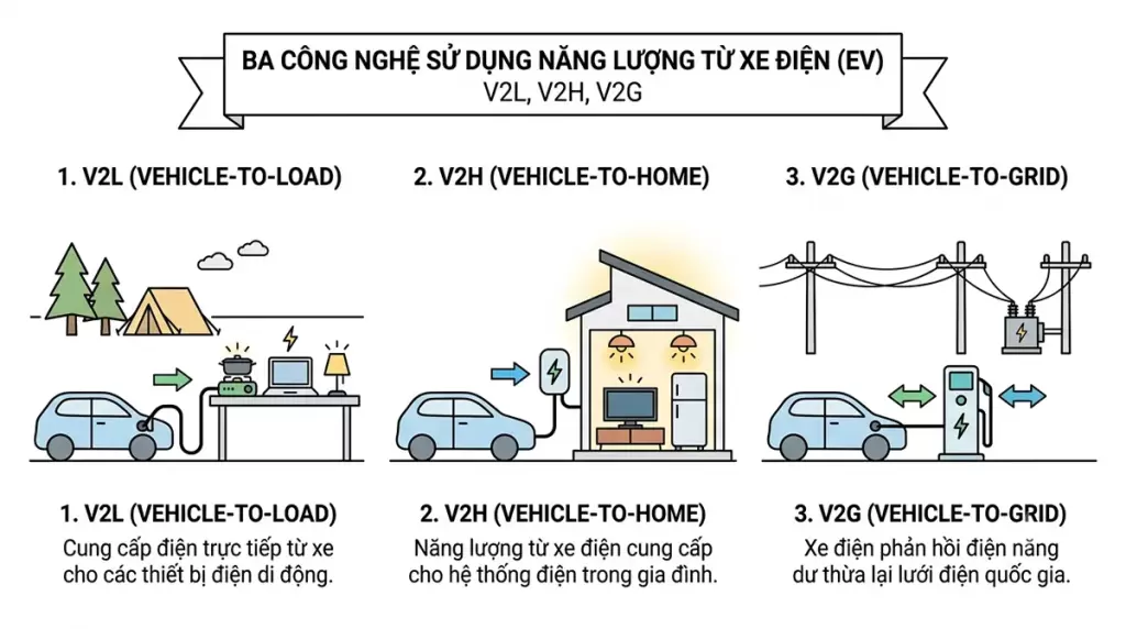 V2l V2h V2g Khac Nhau The Nao - V2L là gì? Công nghệ cấp điện cho thiết bị bên ngoài trên xe điện - VinFast Hưng Yên Sơ đồ minh họa ba công nghệ sử dụng năng lượng xe điện V2L V2H V2G