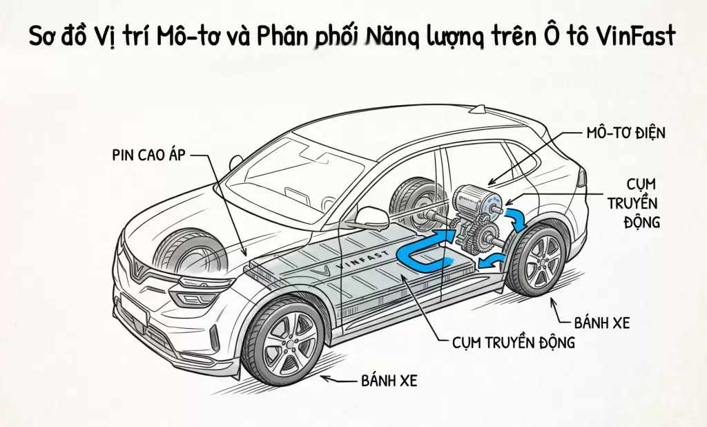 Sơ đồ minh họa vị trí mô-tơ điện và pin cao áp trên ô tô VinFast
