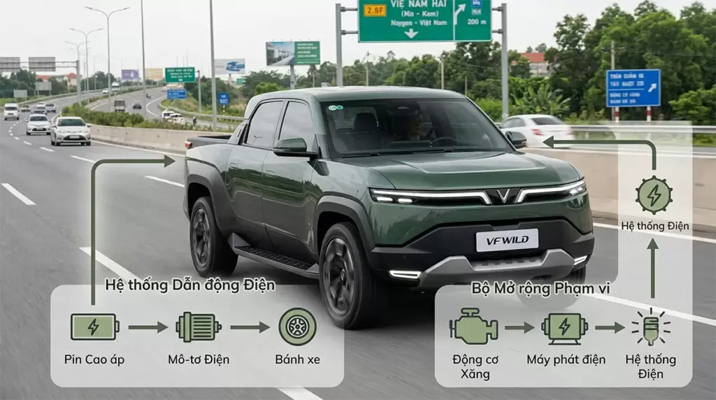 Sơ đồ nguyên lý hoạt động công nghệ REEV trên xe VinFast VF Wild