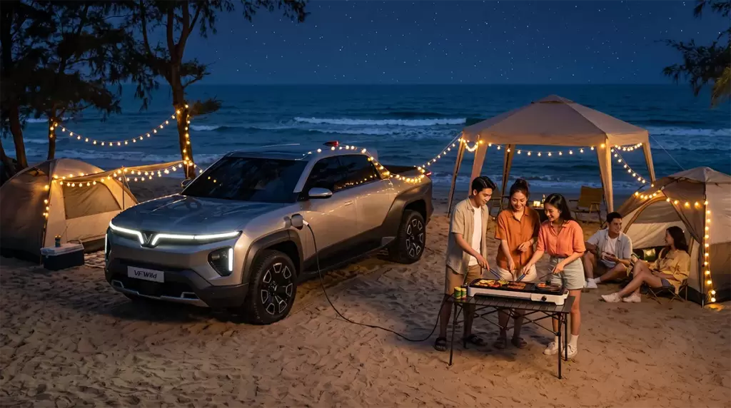 Vinfast Vf Wild V2l Camping Da Ngoai - V2L là gì? Công nghệ cấp điện cho thiết bị bên ngoài trên xe điện tại Hưng Thịnh Phát VinFast VF Wild cấp nguồn điện V2L cho buổi cắm trại bãi biển ban đêm