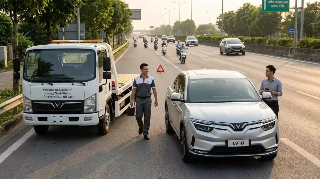 Kỹ thuật viên cứu hộ VinFast hỗ trợ xe điện VF 8 trên đường