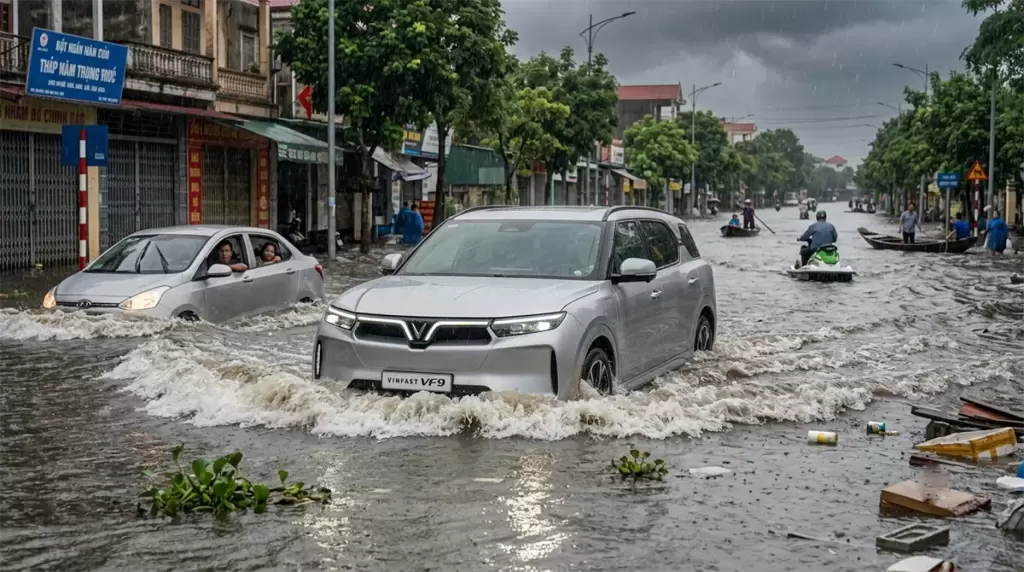 Xe Dien Vinfast Di Qua Vung Ngap Nong - Xe điện VinFast đi mưa, ngập nước: Cách xử lý an toàn - VinFast Hưng Thịnh Phát Xe điện VinFast VF 9 màu bạc rẽ nước di chuyển qua tuyến đường ngập sâu
