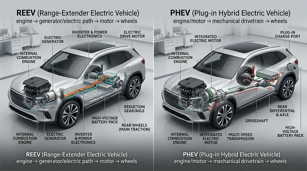 So sánh kiến trúc truyền động REEV và PHEV