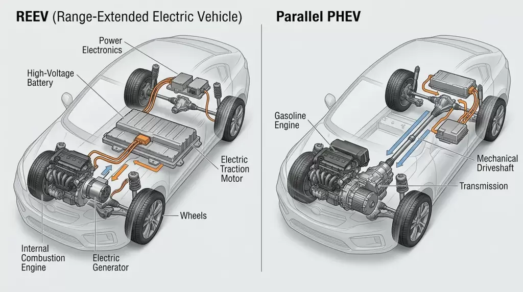 Reev Phev Duong Truyen Luc - REEV khác PHEV ở đâu? So sánh cách truyền động và cách sử dụng - VinFast Hưng Thịnh Phát Đường truyền lực động cơ và mô-tơ điện trên REEV và PHEV