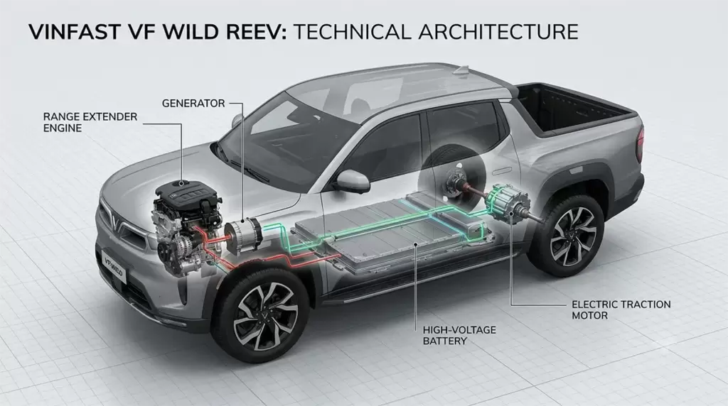 Vf Wild Kien Truc Reev Range Extender - Nguyên lý hoạt động của REEV: Điện năng được tạo và truyền đến bánh xe như thế nào? - VinFast Hưng Yên Kiến trúc truyền động REEV trên VinFast VF Wild
